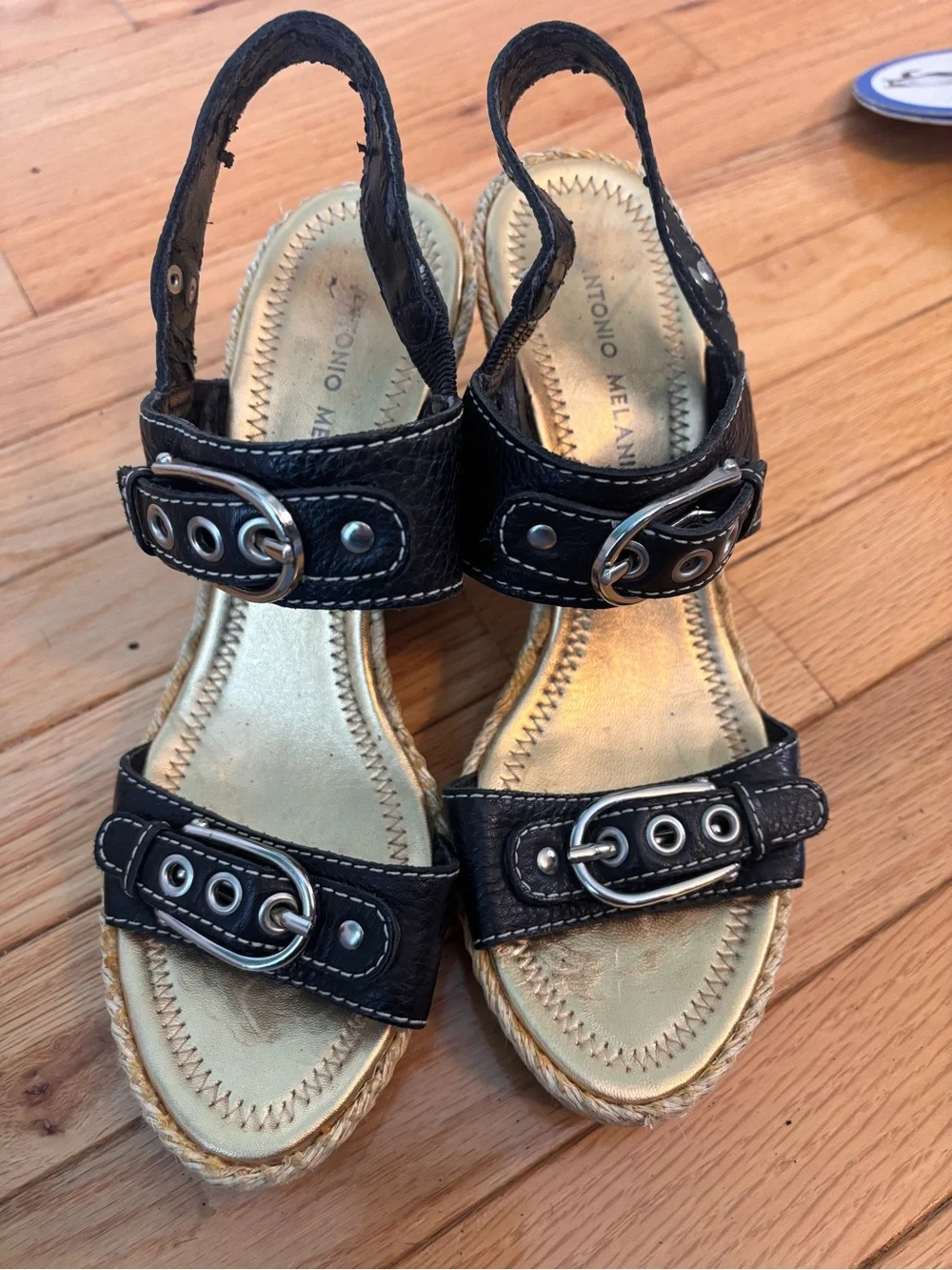 ANTONIO MELANI Y2K Black Leather Double-Buckle Espadrille Wedges Size 8 Brazil